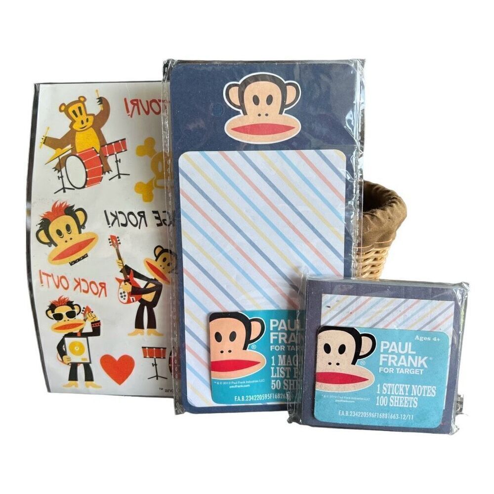 Brand New 2010 Paul Frank Monkey Lot Sticky Notes, Note Pad, Temporary Tattoos